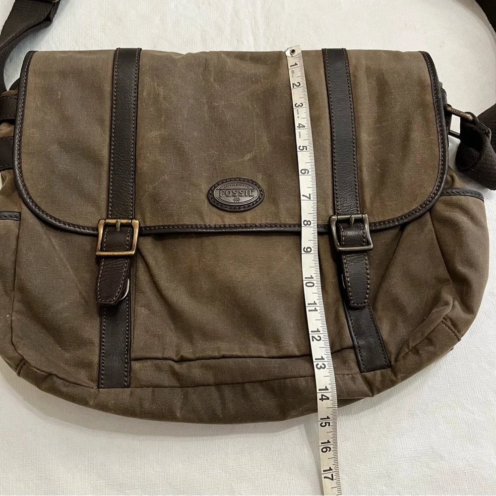 Fossil Olive Canvas Messenger with Dark Brown Leather Trim